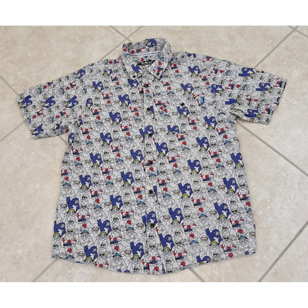 KAVU Juan Post Alley Gray Button Down Shirt All Over Print Sz M Organic Cotton